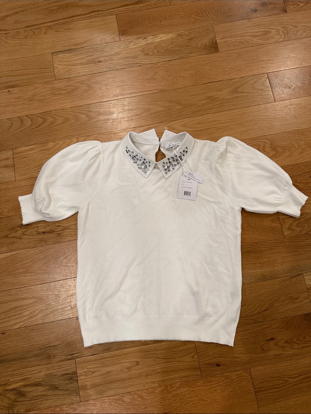 Sioni White Embellished Collar Puff Sleeve Sweater Top NWT